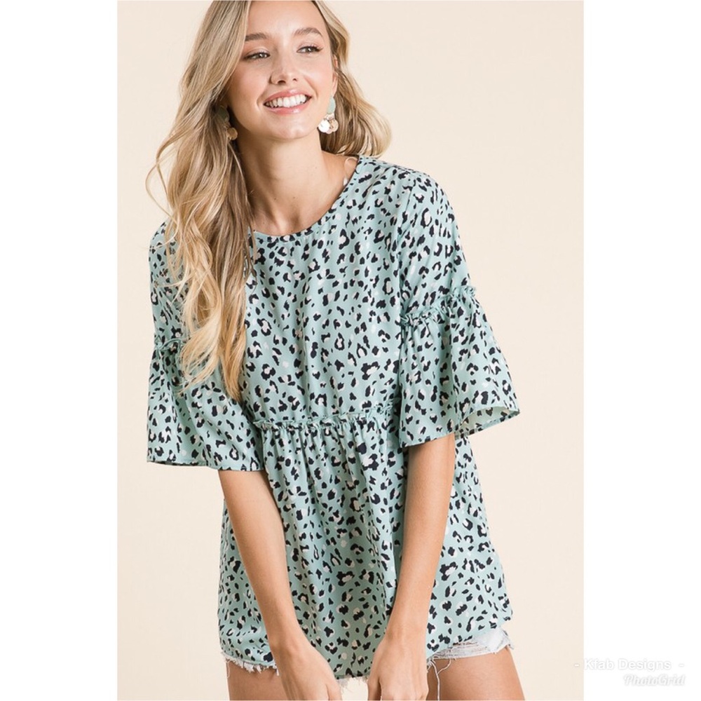 💗LAST! Leopard Print Empire Waist Mint Ruffle Top - Picture 3 of 5